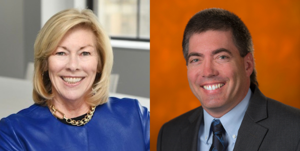 A smiling woman in an indigo dress on the left; a smiling dark-haired man against an orange background on the right.