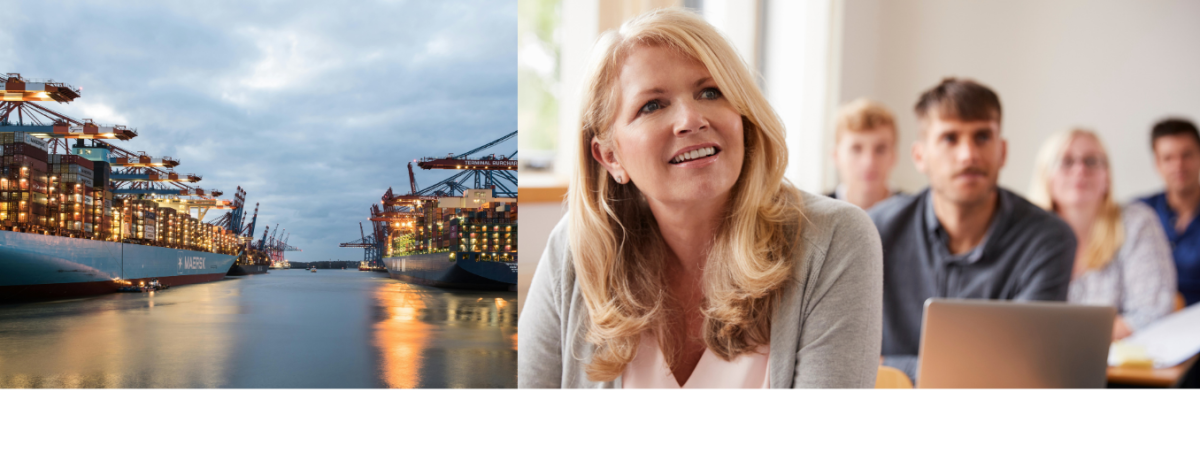 Two container ships docked at port on the left; on the right, a classroom of focused adult students with a smiling woman in the foreground.