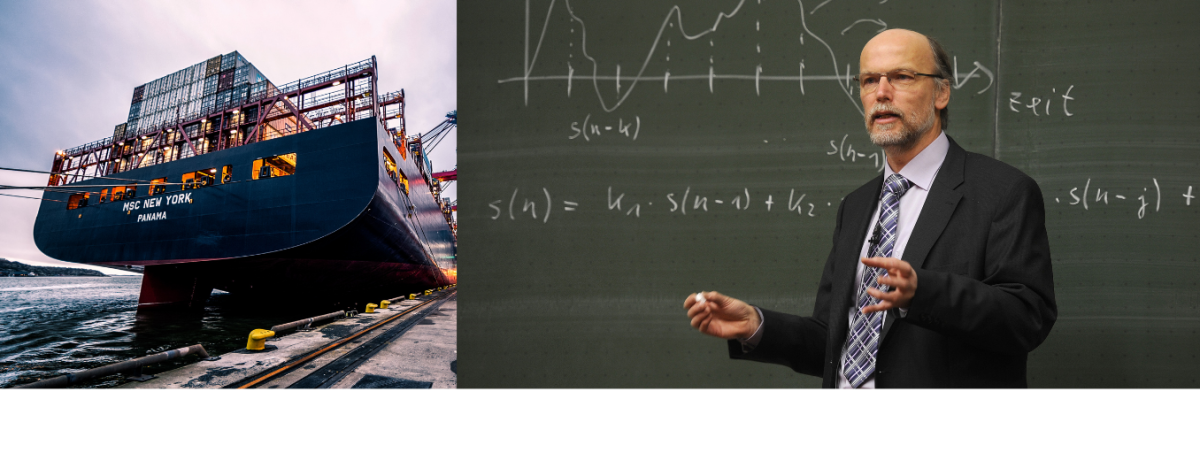 Back of a container ship in port on the left; professor teaching at a chalkboard on the right.