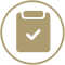 Clipboard and checkmark icon inside a gold circle